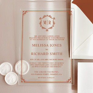Minimal Monogram Crest Frame Terracotta Wedding Acrylic Invitations
