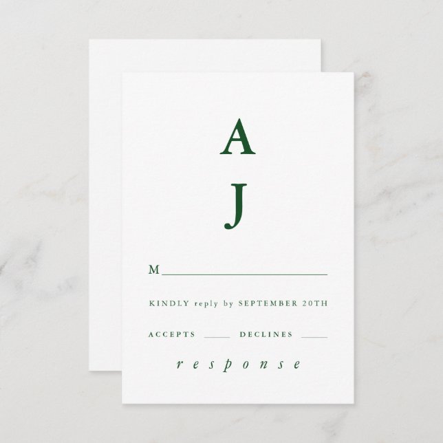 Minimal Monogram Emerald Green Wedding RSVP Card (Front/Back)
