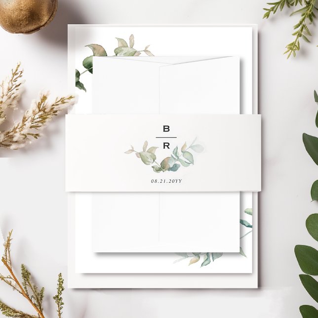 Minimal Monogram Eucalyptus Greenery Wedding  Invitation Belly Band (Creator Uploaded)