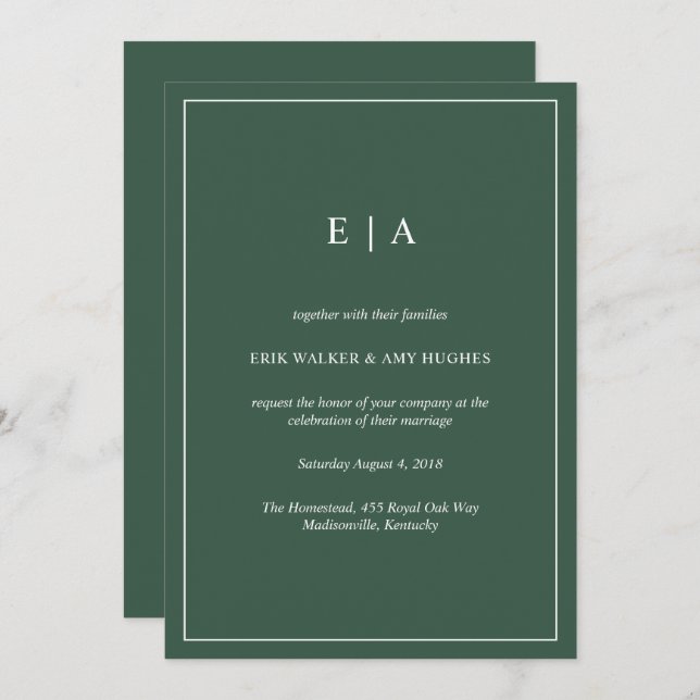 Minimal monogram forest green wedding invitation (Front/Back)