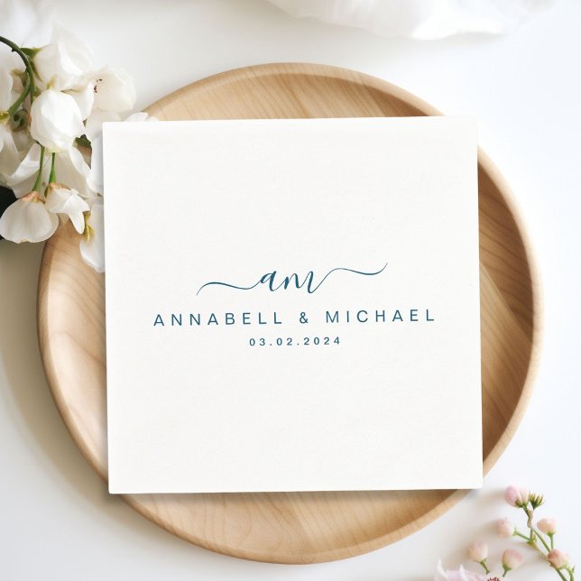Minimal, Monogram, Handwriting Font, Wedding Napkin (Minimal, monogram, handwriting font, white, wedding napkin. Personalized with your name and date.)