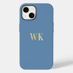 Minimal Monogram Initials Dusty Blue Gold iPhone 14 Case