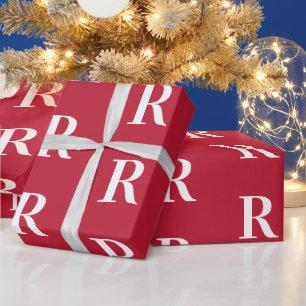 Minimal Monogram Modern Red Christmas Wrapping Paper