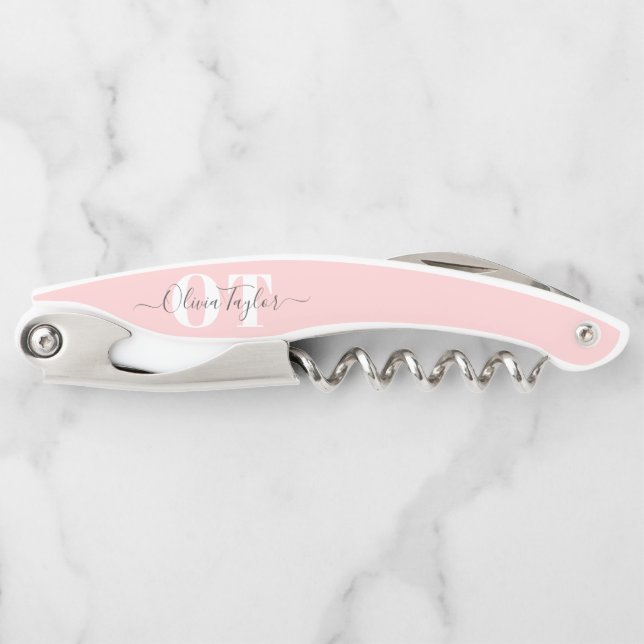 Minimal Monogram Modern Script Blush Personalised Corkscrew (Front)