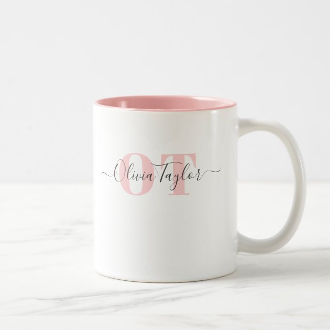 Minimal Monogram Modern Script Blush Personalised  Two-Tone Coffee Mug (Right)