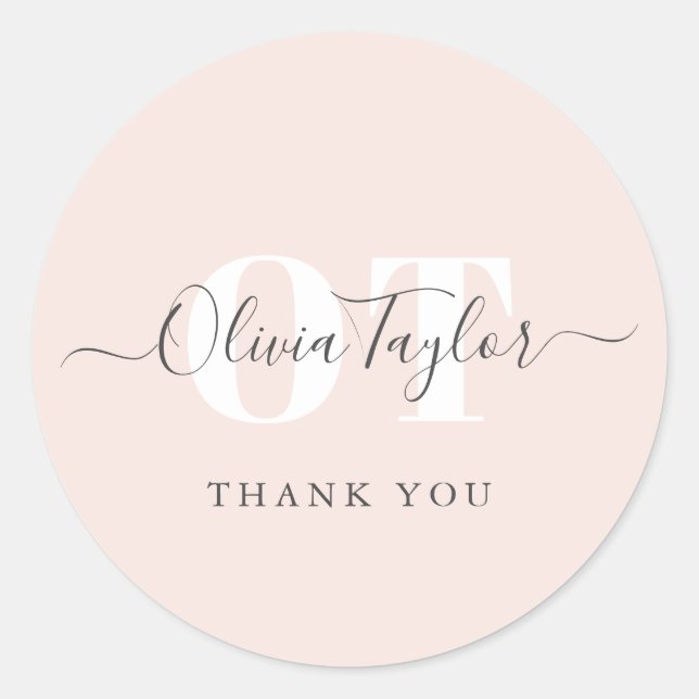 Minimal Monogram Modern Script Blush Thank You Classic Round Sticker (Front)
