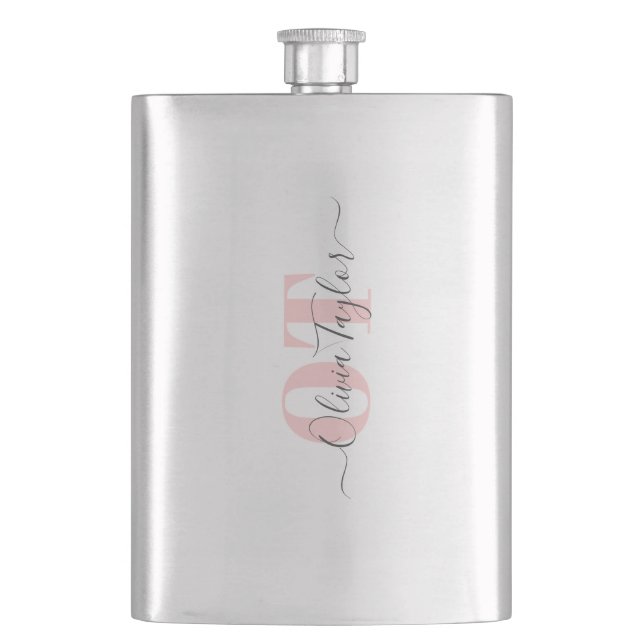 Minimal Monogram Modern Script Pink Personalised Hip Flask (Front)