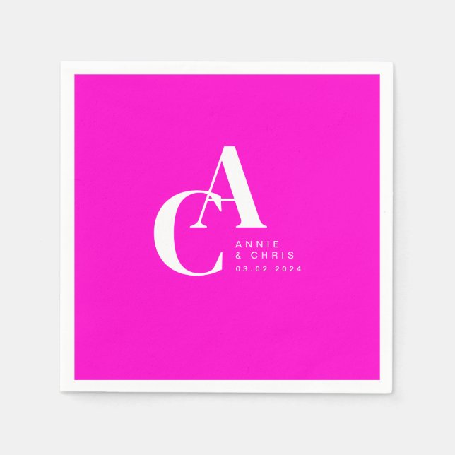 Minimal, Monogram, Neon-Pink, Wedding Napkin (Front)