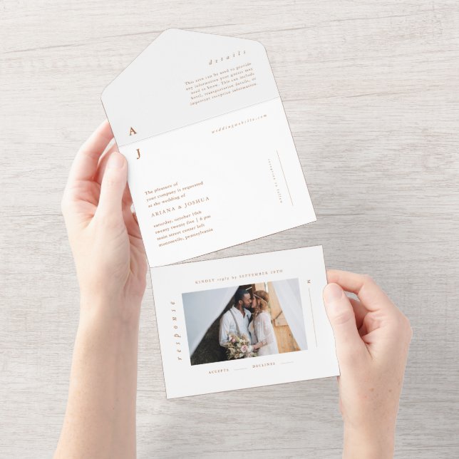 Minimal Monogram Photo Terracotta Wedding All In One Invitation (Tearaway)