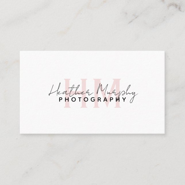 Minimal Monogram Script Name Pink Girly Business Card (Front)