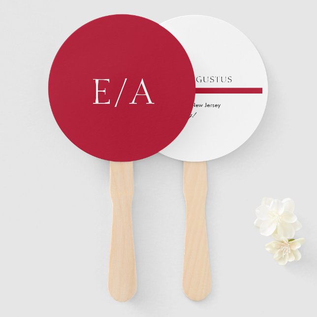 Minimal Monogram Simple Elegant Red Wedding Hand Fan (Front and Back)