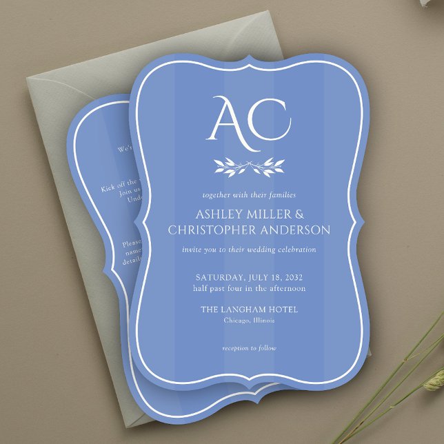 Minimal Monogram Striped Blue All-in-One Wedding Invitation (Creator Uploaded)