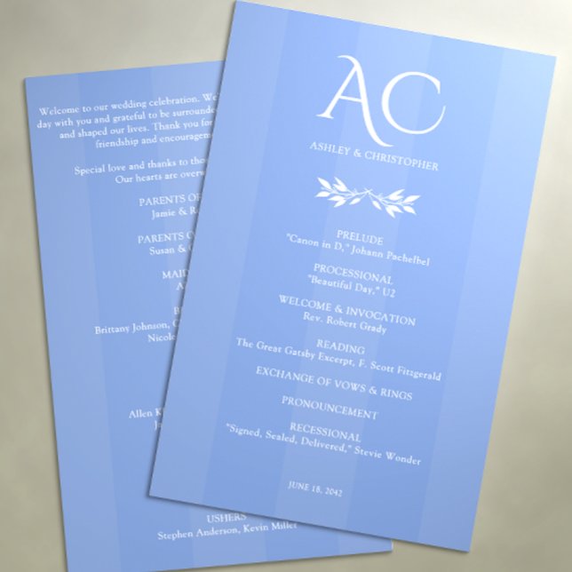 Minimal Monogram Striped Cornflower Blue Wedding Program (Creator Uploaded)