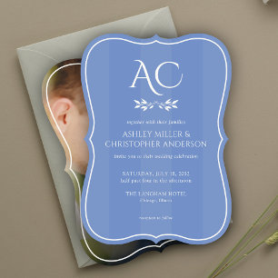 Minimal Monogram Striped Cornflower Photo Wedding Invitation