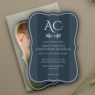Minimal Monogram Striped Indigo Blue Photo Wedding Invitation