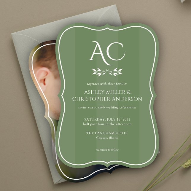 Minimal Monogram Striped Muted Green Photo Wedding Invitation (Creator Uploaded)