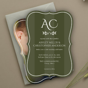 Minimal Monogram Striped Olive Green Photo Wedding Invitation