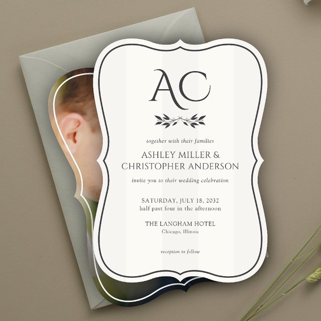 Minimal Monogram Striped Soft White Photo Wedding Invitation (Creator Uploaded)