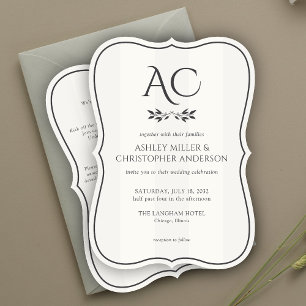 Minimal Monogram Striped White All-in-One Wedding Invitation