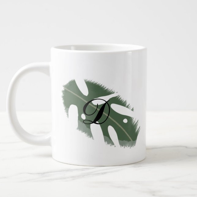 Minimal Monstera Leaf Greenery Monogram Large Coffee Mug (Left)