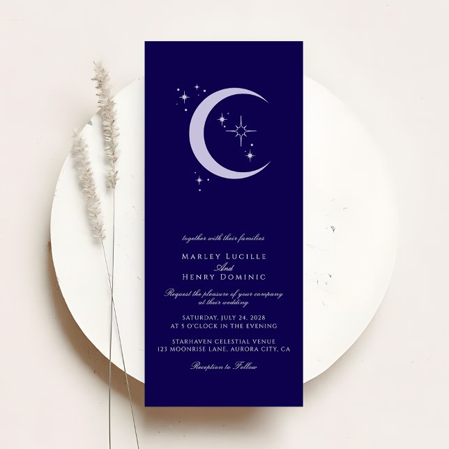 Minimal Moon Stars Navy Blue Celestial Wedding Invitation (Creator Uploaded)