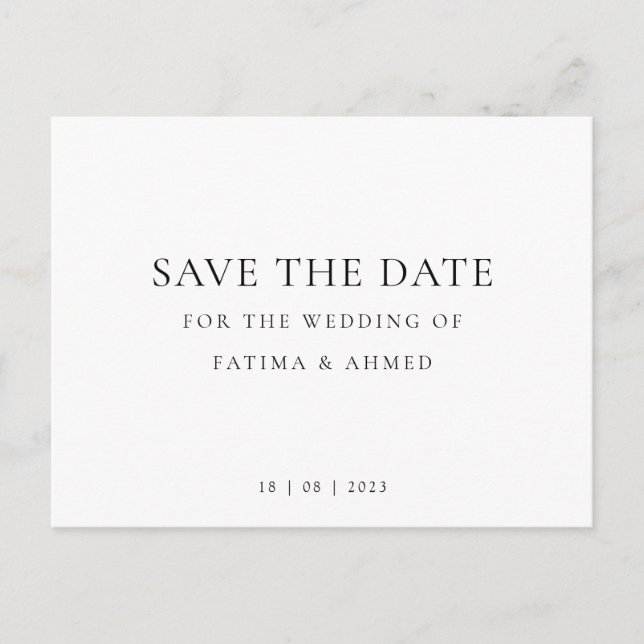 Minimal Muslim Wedding Non-Photo Save The Date Announcement Postcard (Front)