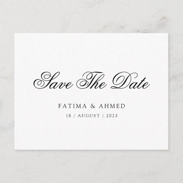 Minimal Muslim White Black Script Save The Date Announcement Postcard (Front)