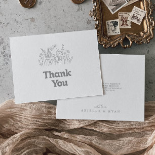 Minimal Muted Grey Wildflower Flat Wedding Thank You Card