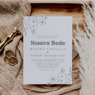 Minimal Muted Grey Wildflower Nuestra Boda Wedding Invitation