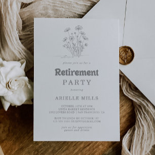 Minimal Muted Grey Wildflower Retirement Party Invitation