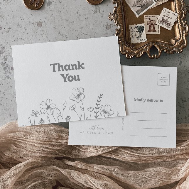 Minimal Muted Grey Wildflower Thank You Postcard (Creator Uploaded)