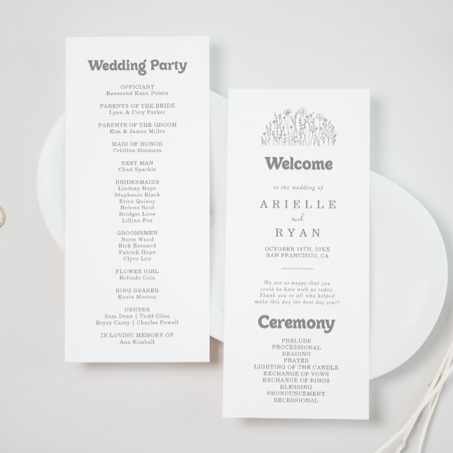 Minimal Muted Grey Wildflower Wedding Program (Creator Uploaded)