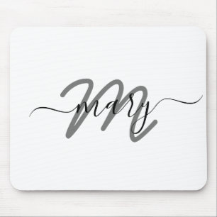 Minimal Name Monogram White Grey Grey Mouse Pad