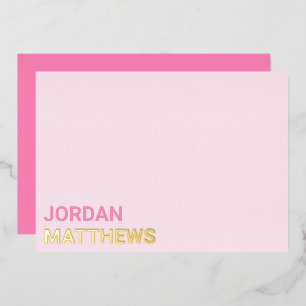 Minimal name silver gold real foil pink note card