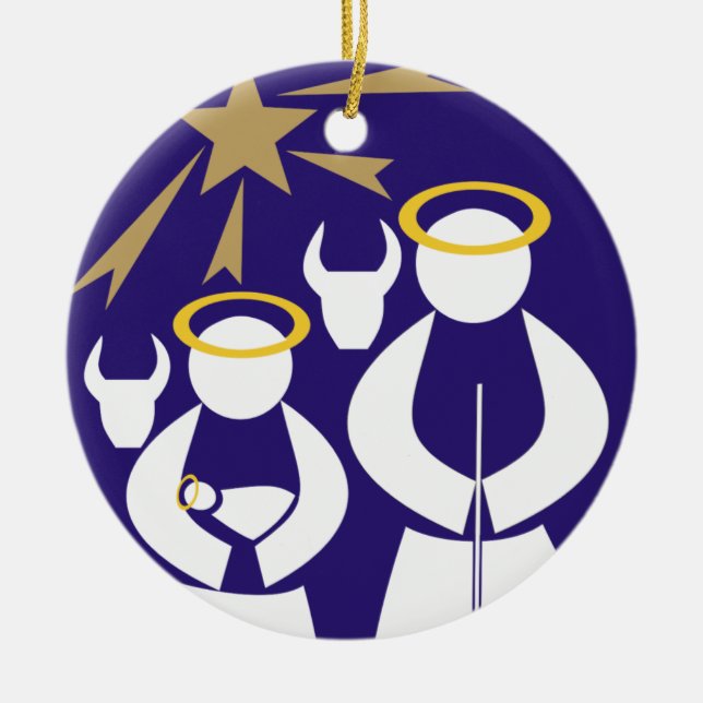 Minimal Nativity Scene Christmas blue Ceramic Tree Decoration (Front)