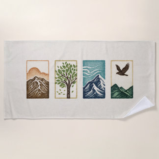 Minimal Nature Set – Mountain & Tree Art Beach Towel