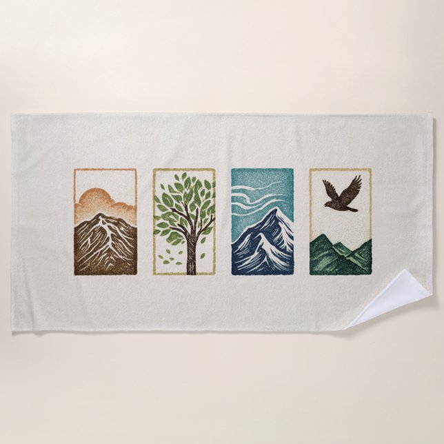 Minimal Nature Set – Mountain & Tree Art Beach Towel (Front)