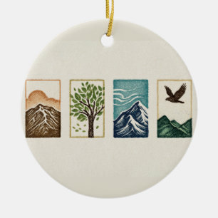 Minimal Nature Set – Mountain & Tree Art Ceramic Ornament