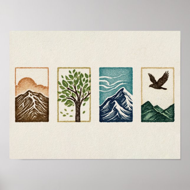Minimal Nature Set – Mountain & Tree Art Poster (Front)