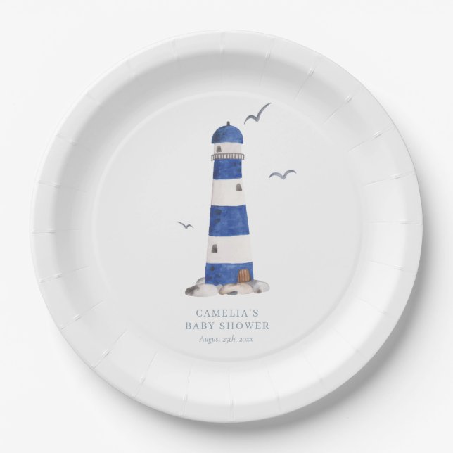 Minimal Nautical Lighthouse Baby Shower Ahoy Boy's Paper Plate (Front)