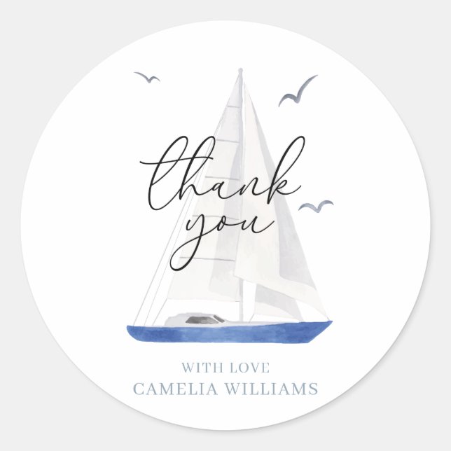 Minimal Nautical Sailboat Ahoy Boy's Thank You Classic Round Sticker (Front)