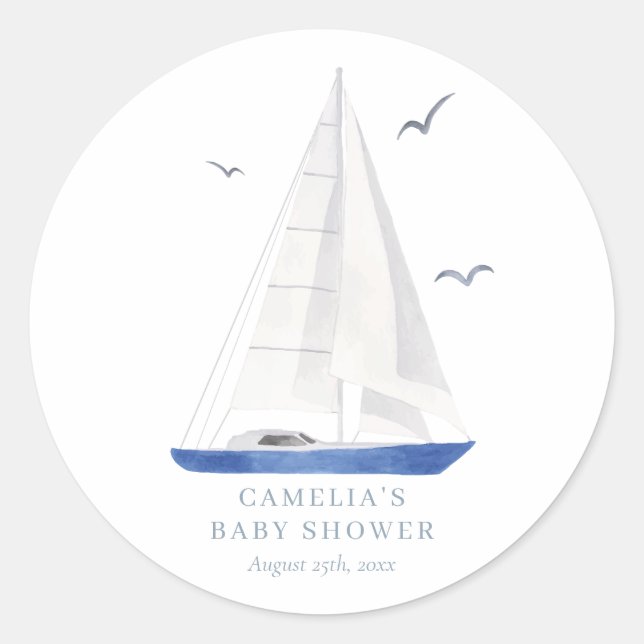 Minimal Nautical Sailboat Baby Shower Ahoy Boy's Classic Round Sticker (Front)