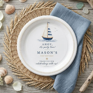 Minimal Nautical Sailboat First Birthday  Paper Plate