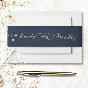 Minimal Navy Background Gold Script Elegant Return Invitation Belly Band