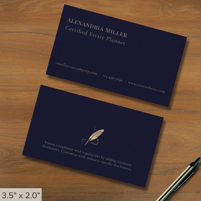 Minimal Navy Blue and Gold Quill Business Card (Creator Uploaded)