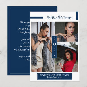 Minimal Navy Blue and White Graduation Photo Invitation