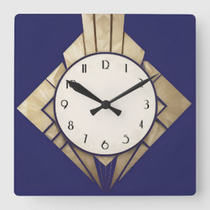 Minimal Navy Blue Art Deco Geometric Diamond Clock