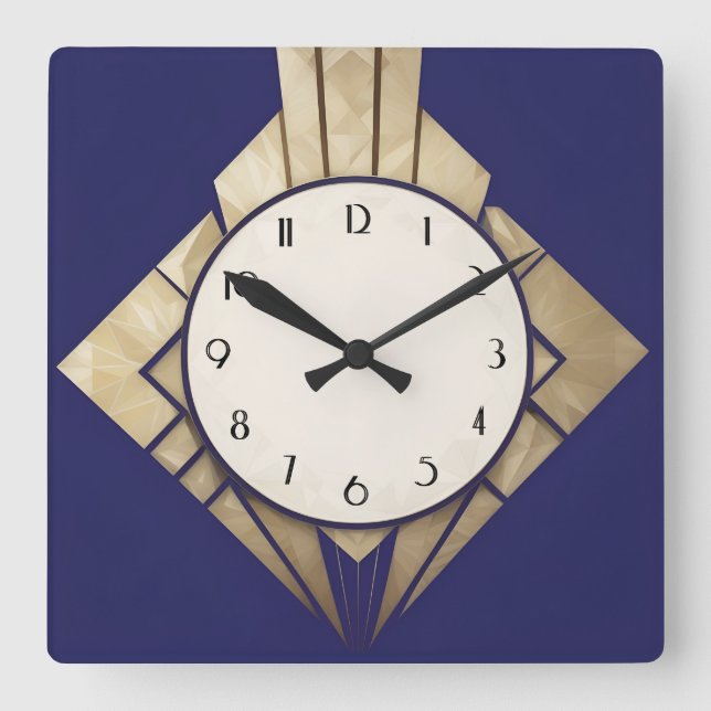 Minimal Navy Blue Art Deco Geometric Diamond Clock (Front)