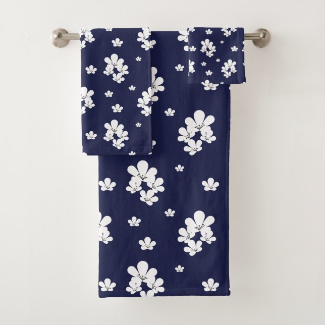 Minimal navy blue floral pattern tiny white flower bath towel set (Insitu)