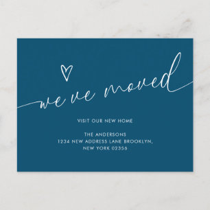 Minimal Navy Blue Heart Script We've Moved Moving Postcard